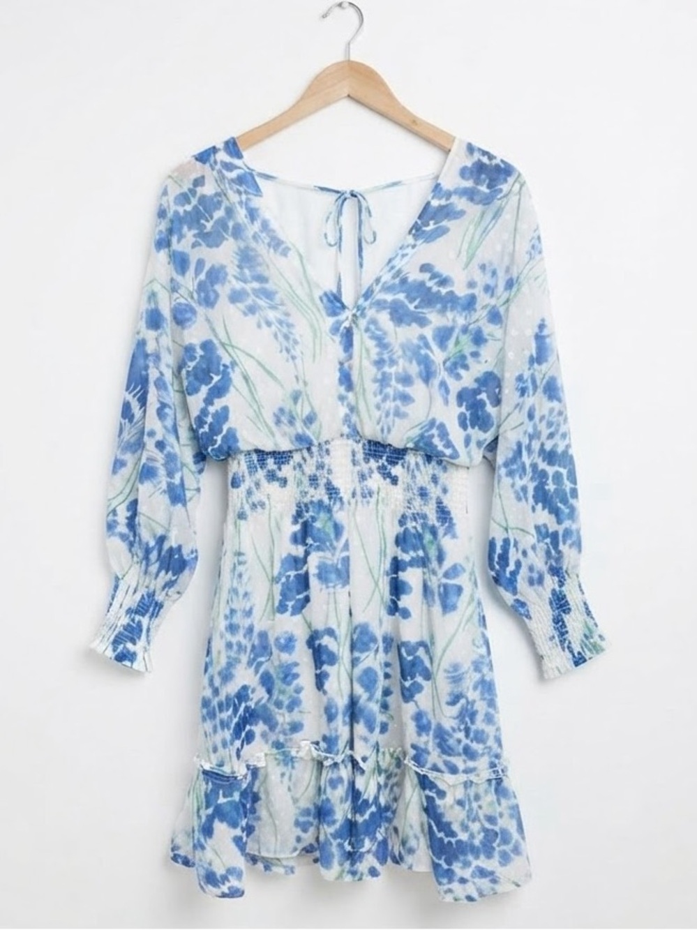 Lovestitch Boho Blue Floral Swiss Dot Smocked Mini Dress Tie V-Back/ Size S
